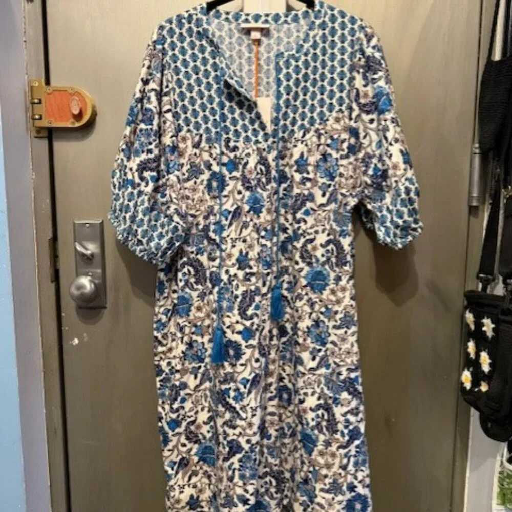 Retro Puff Sleeve Blue Bohemian Floral Tassel Tie Dress - Picture 5 of 16